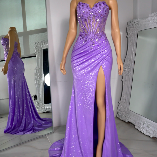 Corset Prom Dresses 2024 Fashion Design Purple Sparkly Evening Wear 2025 Lace Applique Beading Formal Occasion Dresses Vestidos De Gala 