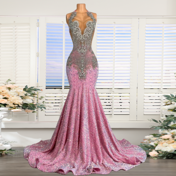 Pink Sparkly Prom Dresses 2025 Rhinestone Diamonds Luxury Evening Gown 2026 Glitter Halter Mermaid Formal Occasion Dresses Vestidos De Fiesta Elegant Party Dresses 