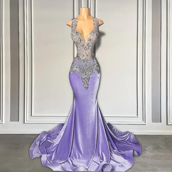 Velvet Purple Prom Dresses 2025 Rhinestones Diamonds Elegant Special Occasion Dresses Vestidos De Gala Mermaid Custom Formal Occasion Dresses Evening Gown for Women