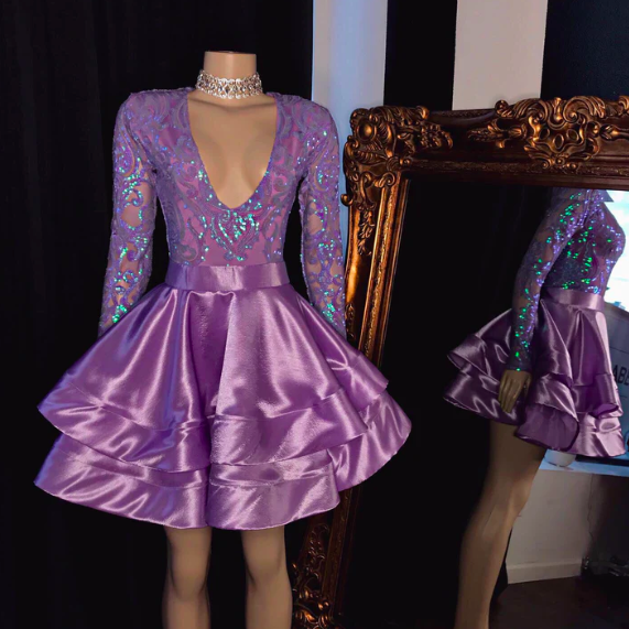 Purple Prom Dresses 2025 Lavender Sparkly Applique A Line Long Sleeve Tiered Prom Gown 2026 Vestidos De Graduacion Custom Cheap Prom Gown 