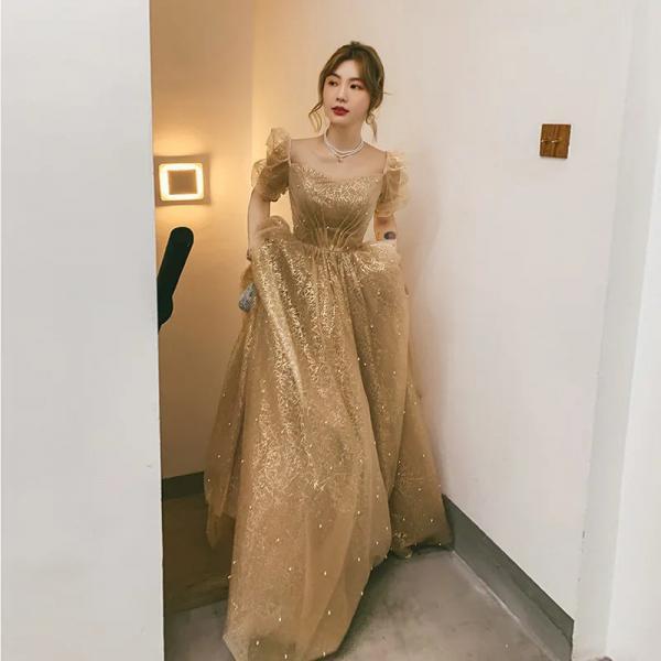 Elegant Gold Sparkling Ball Gown Evening Dress