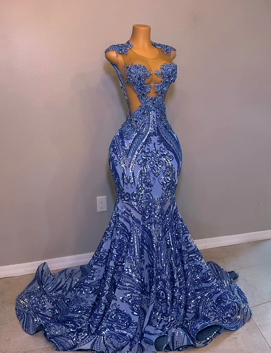 Blue Prom Dresses 2025 Sparkly Applique Mermaid Evening Gown 2026 