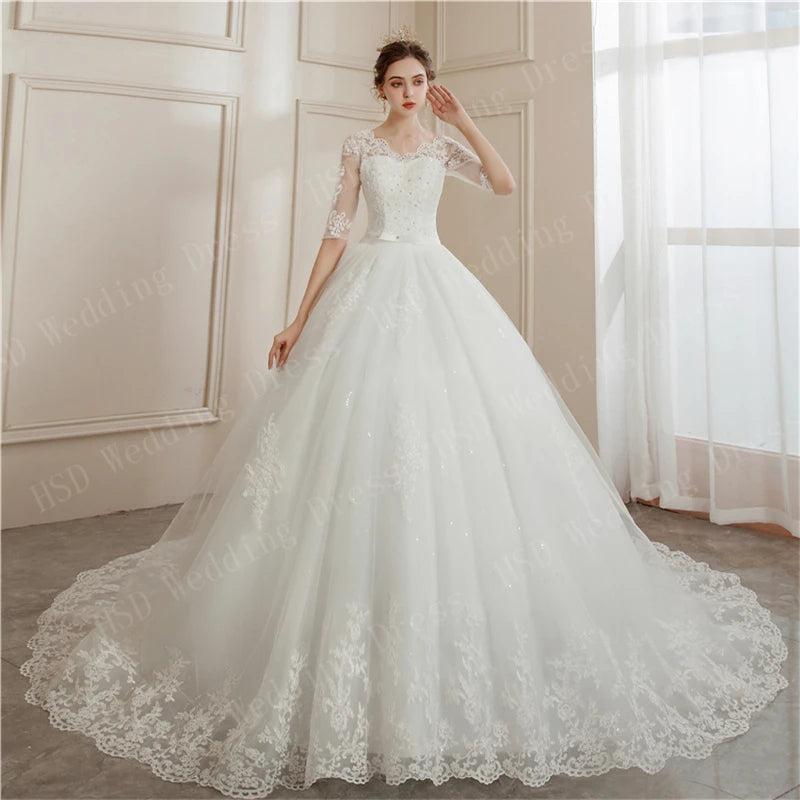 Elegant Lace Applique Long Sleeve Ruffles Ball Gown Wedding Dress