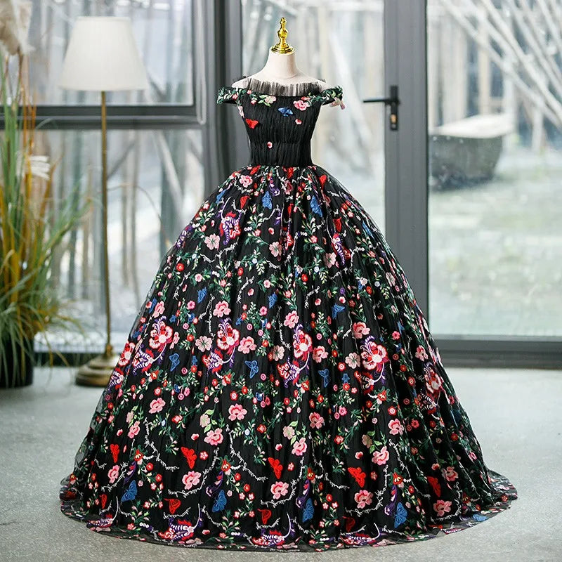 Black A Line  Long Ball Dress With Embroidered Floral main image 1