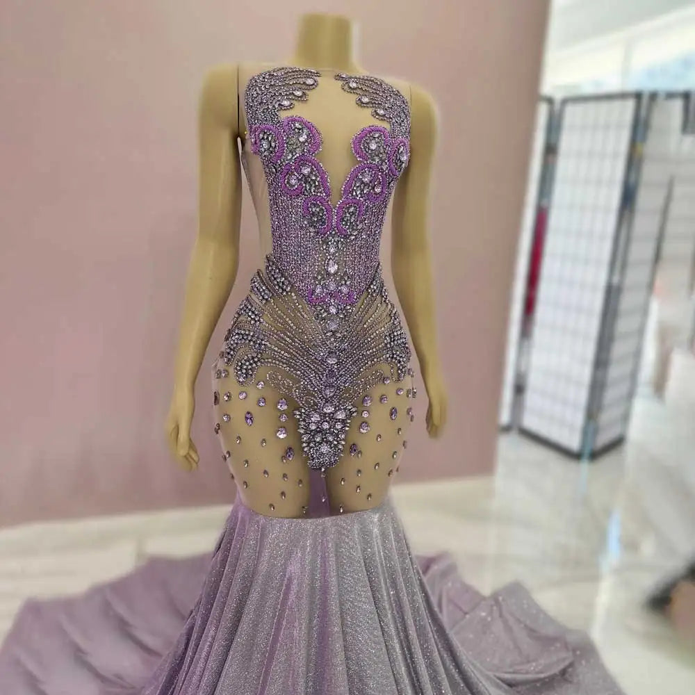 Mermaid Gown with Sparkling Fabric and Sheer Corset Bodice Sky Blue