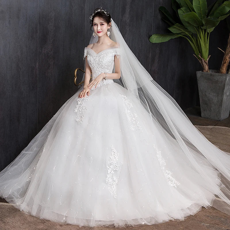 Elegant Off Shoulder Lace Bodice Contrast Tulle Hem Wedding  Dress