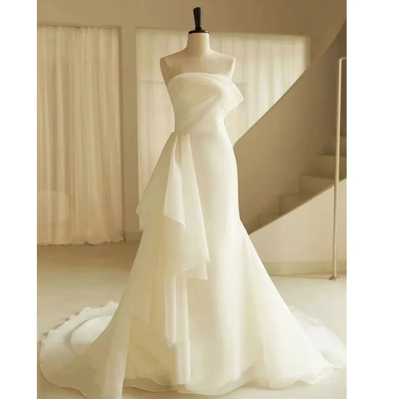 Elegant Wedding Dresses With Train Chiffon Strapless Long Sleeves Backless Lace A-Line Bridal Gown main image 1