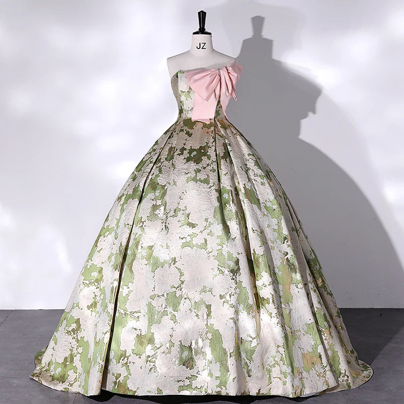 Elegant Strapless Floral Ball Gown With Bow on Luulla