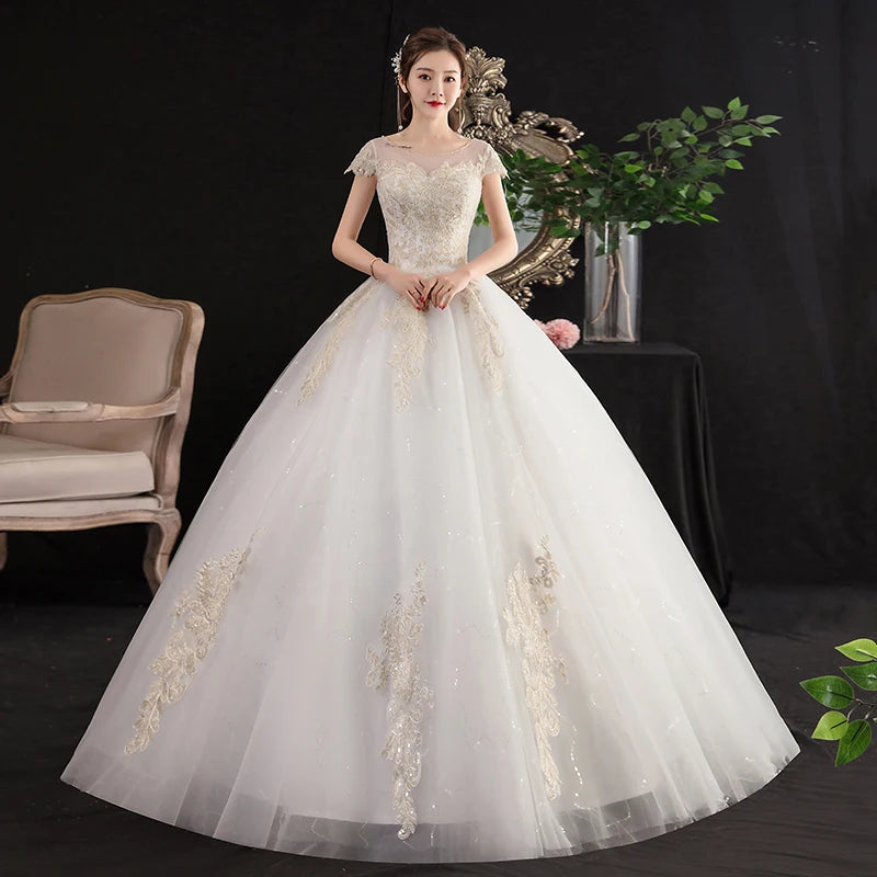 Transparent Sequined Appliques Ball Gown Wedding Dress with Lace-Up Back