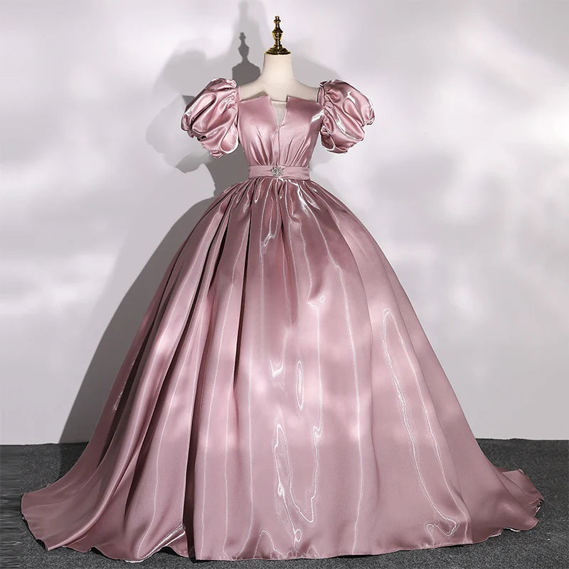 Pretty Soft Pink Ball Gown Strapless Satin Sequin Without Sleeves Long Prom Dress, Evening Dress