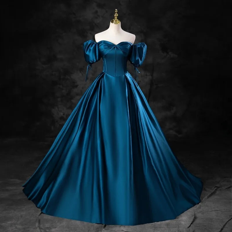 Elegant Off-shoulder Satin Blue Evening Gown on Luulla