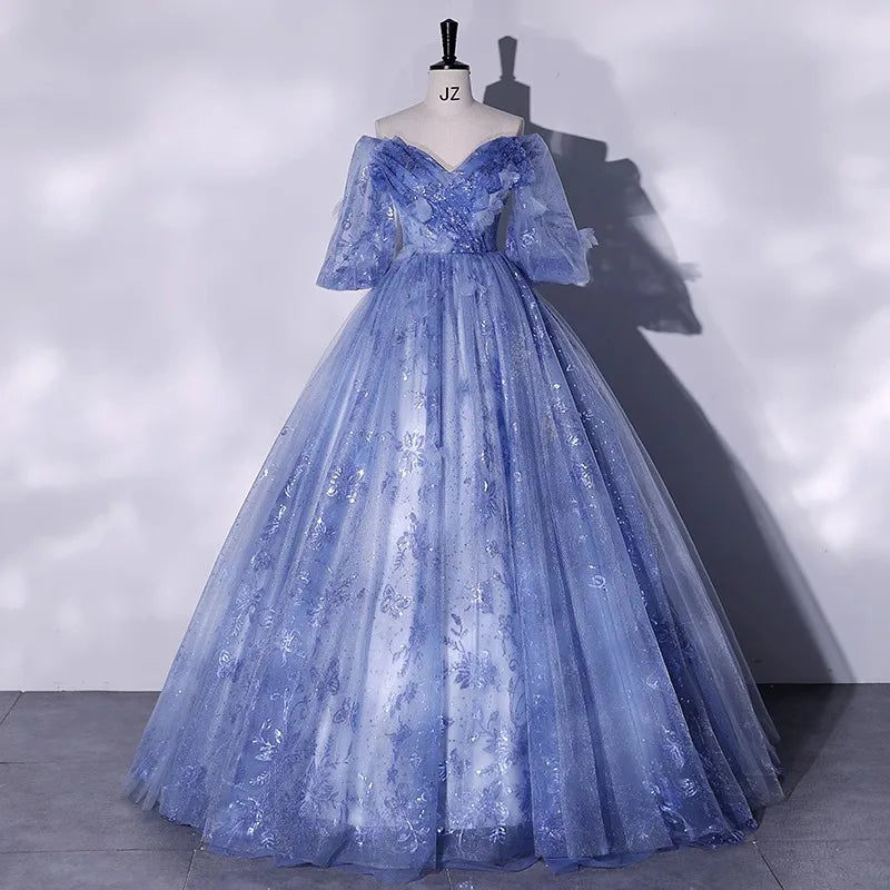 Elegant Blue Floral Lace Ball Gown Dress on Luulla