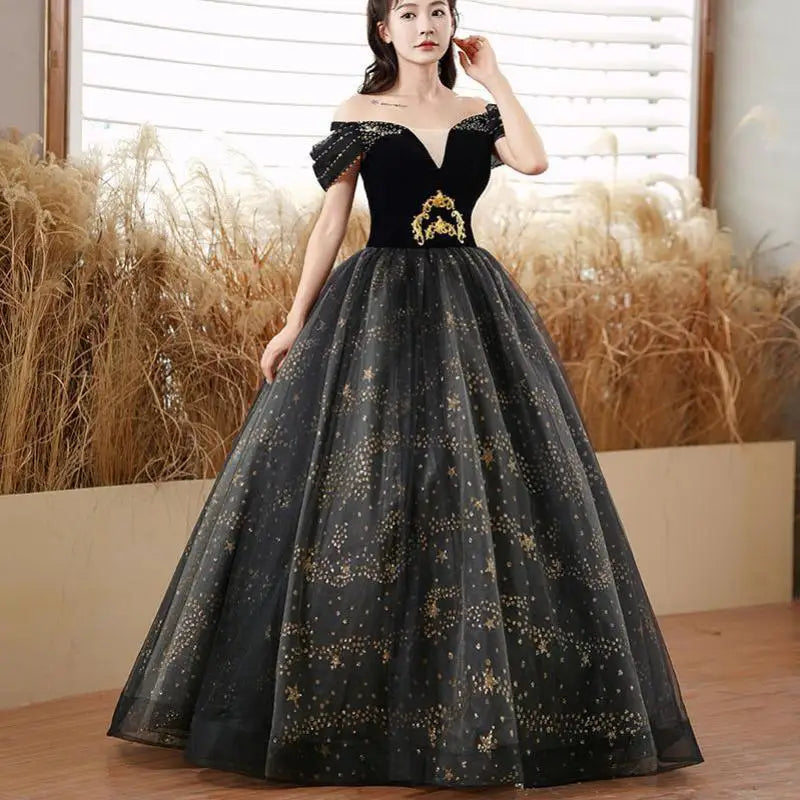 Fashion Black Ball Gown Off The Shoulder Satin Long Party Dress Evening Gown