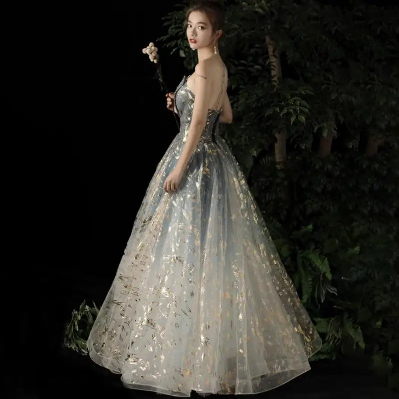 Elegant Gold Leaf Embellished Tulle Evening Gown on Luulla