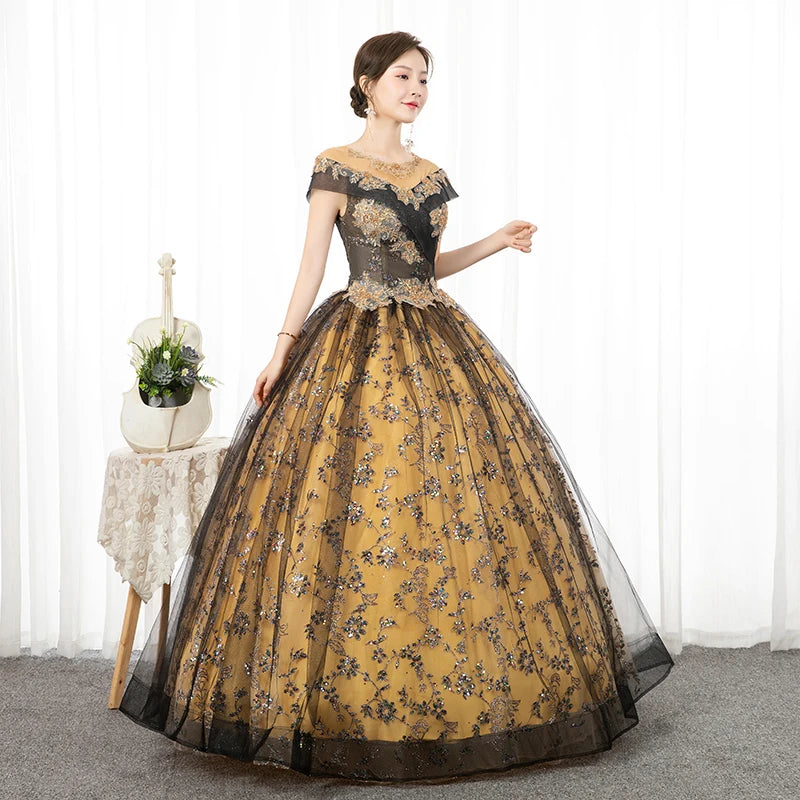 Elegant Floral Embroidered Gold Ball Gown Dress on Luulla