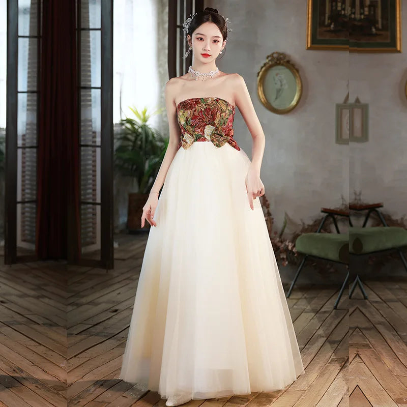 Elegant Strapless Floral Embroidered Tulle Evening Gown on Luulla