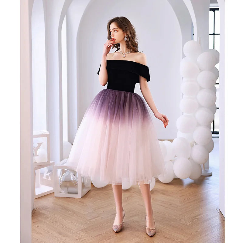 20301b Multi Colour Off-Shoulder Floral Tulle Dress