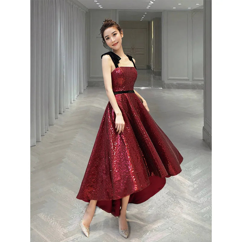Red Sequin Embellished High Low Tiered Satin Party Dress