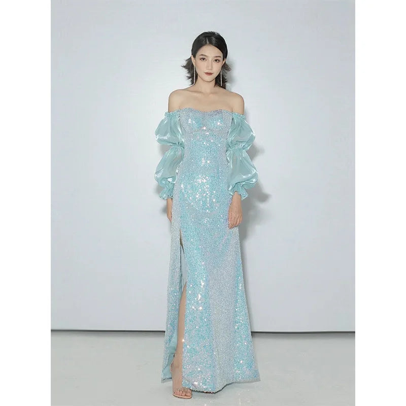 Short-Sleeve Off Shoulder Plain Glitter Ruched A-Line Evening Gown