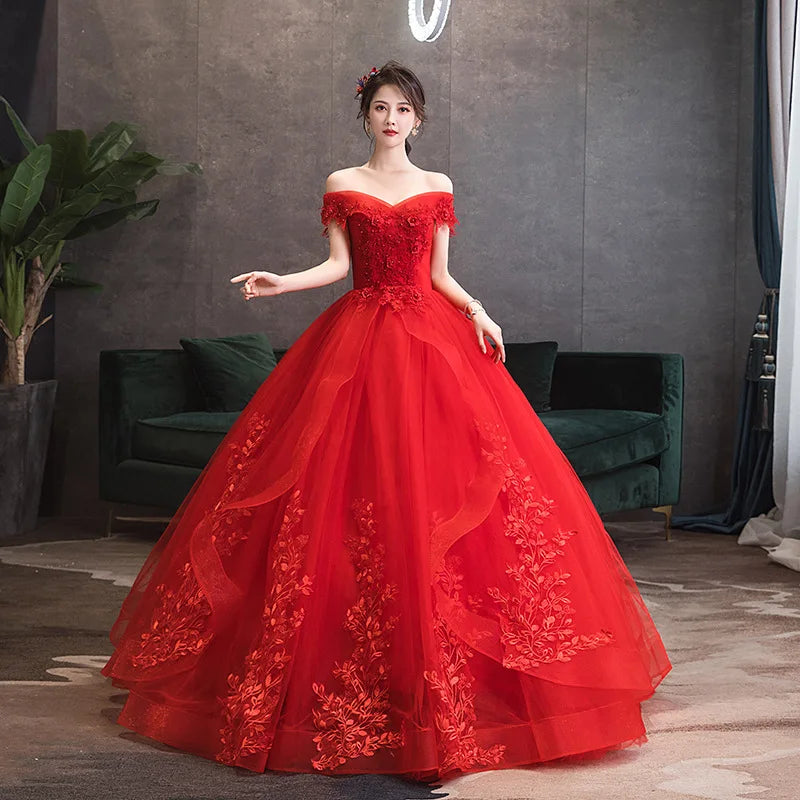 Elegant Red Off-shoulder Lace Ball Gown on Luulla