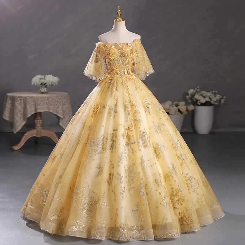 Floral Print Organza Ball Gown with Cold Shoulder Sleeves As Picture