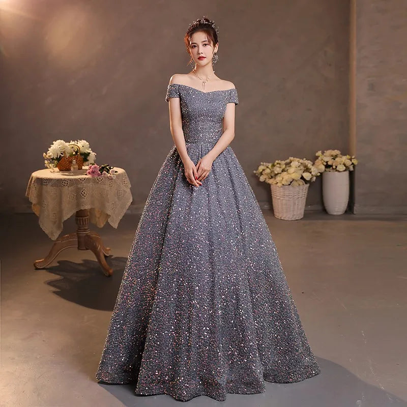 Blue Fashion Shiny Off-Shoulder Sequins Elegant Tight Long Slit Ball Gown Evening Dress main image 0
