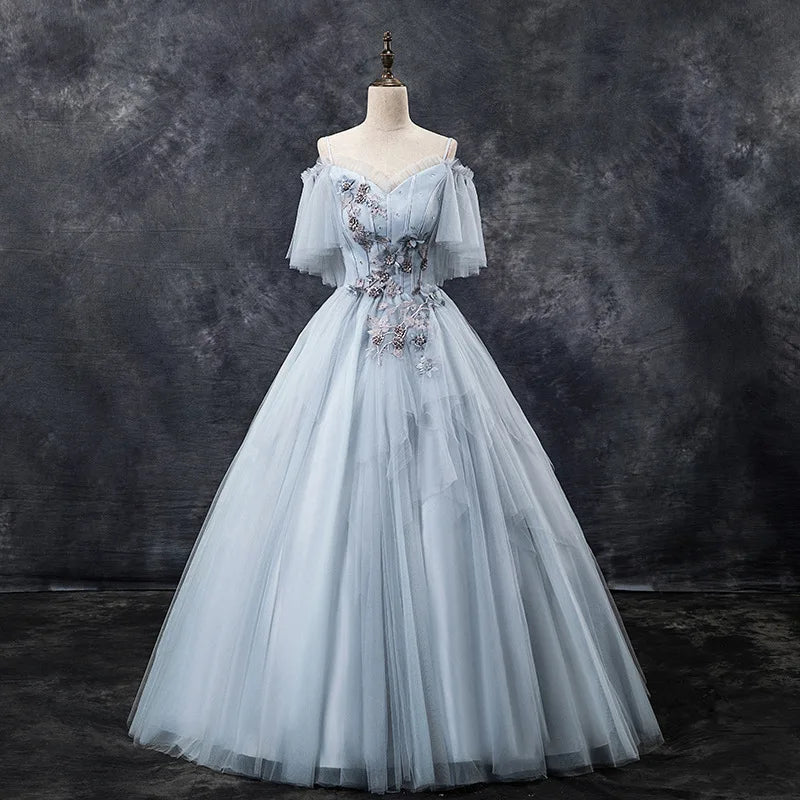 Elegant Blue Off-shoulder Tulle Evening Gown on Luulla