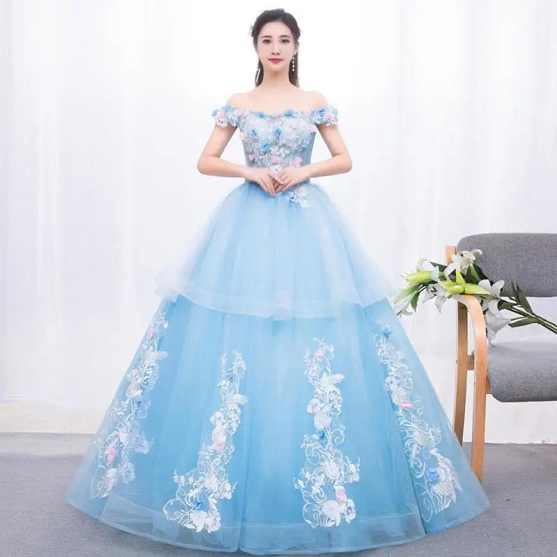 Elegant Blue Floral Embroidered Tulle Evening Dress on Luulla