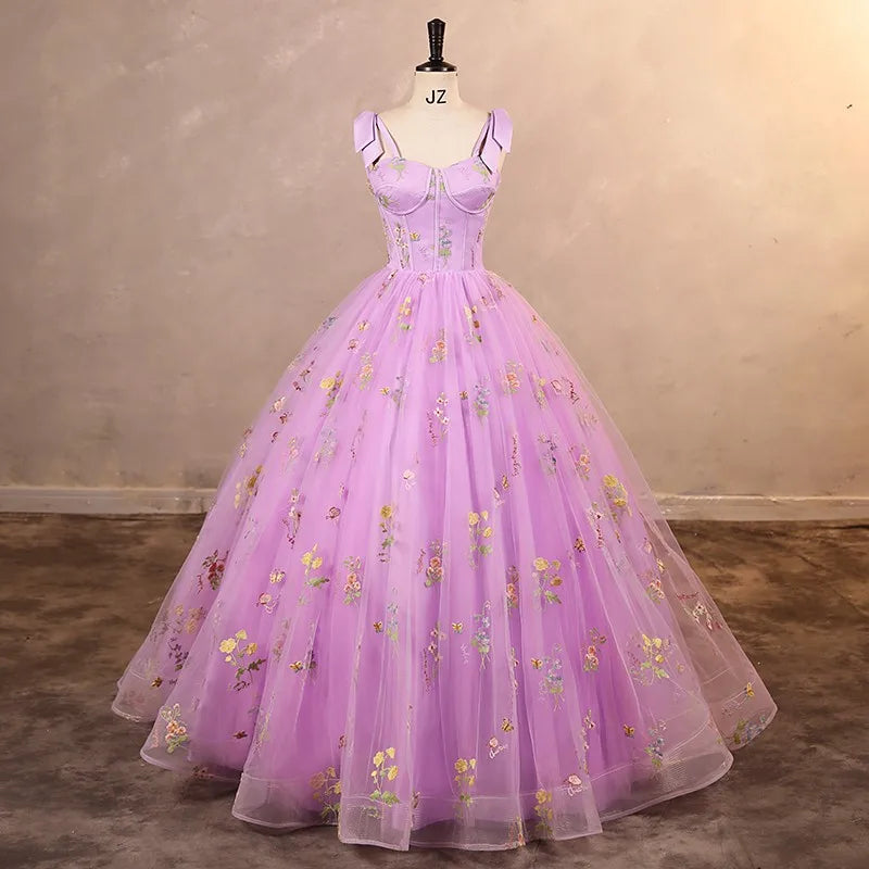 Lavender A-Line Sweetheart Printed Strapless Corset Ball Dress with Beading