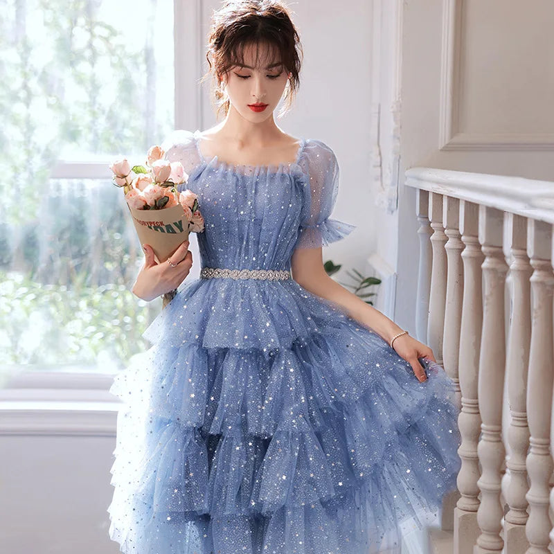 Elegant Blue Sparkling Tiered Tulle Evening Gown on Luulla