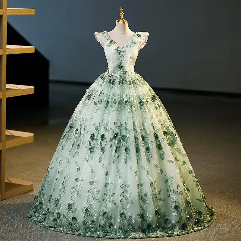 Elegant Green Floral Embroidered Ball Gown Dress on Luulla