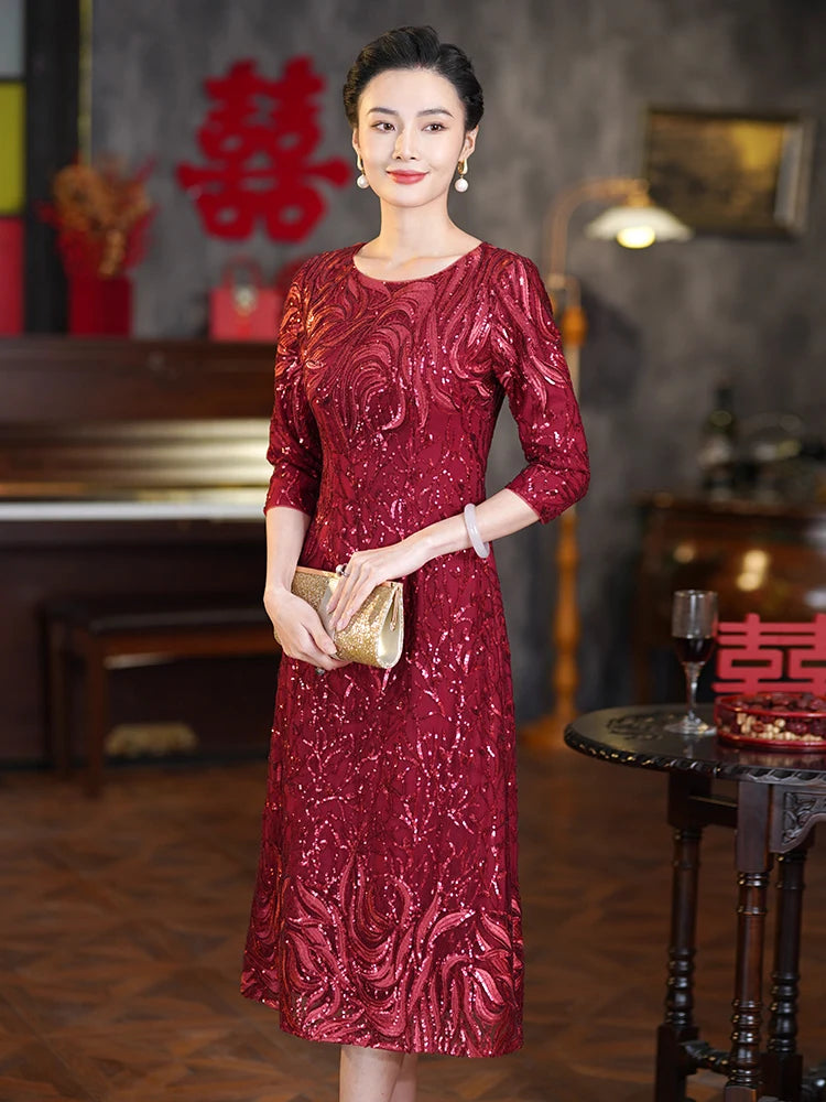 Burgundy Sequin Midi Lenght Evening Dress main image 1