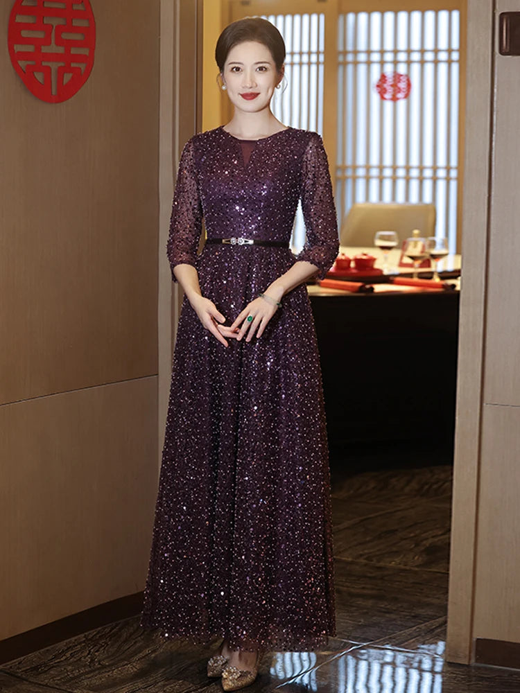 Elegant Sparkling Purple Evening Gown With Belt on Luulla
