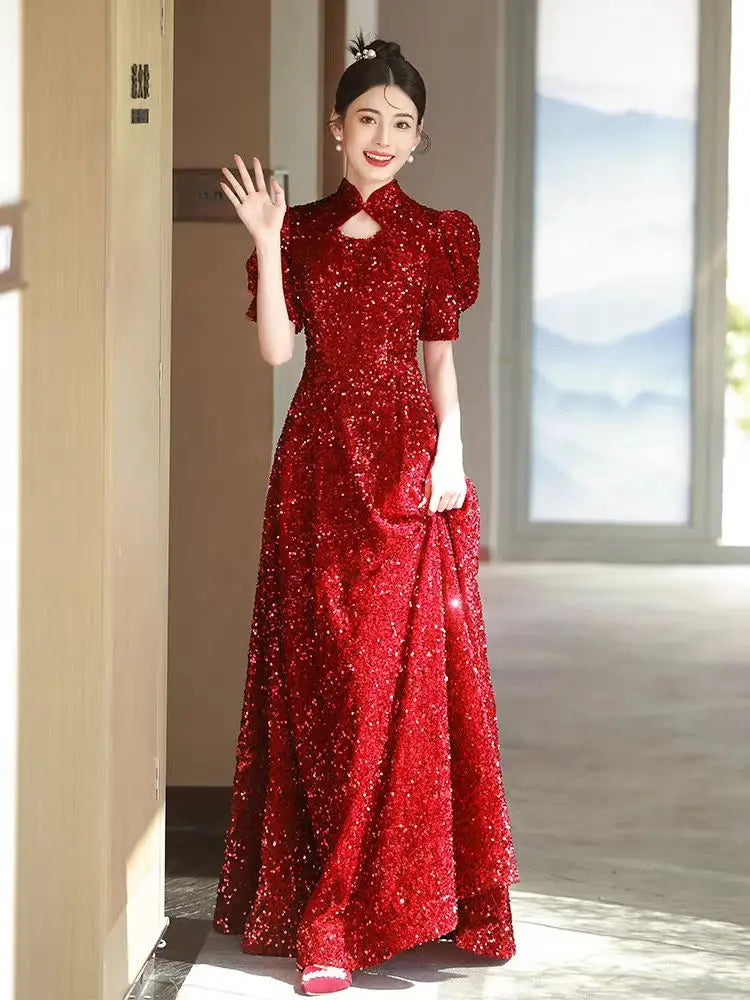 Elegant Red Sequin Gown With Puff Sleeves on Luulla