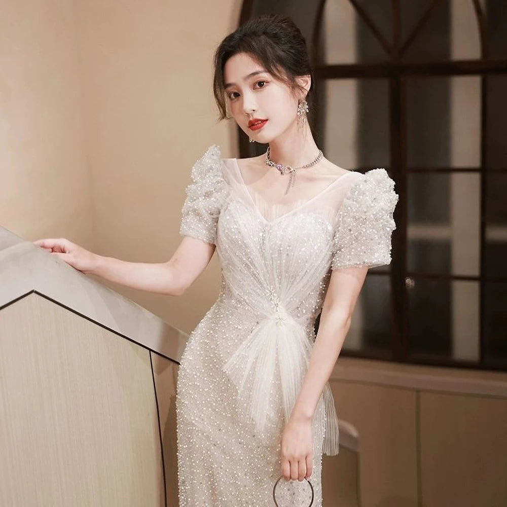 White Long Pearl Ruffle Evening Dresses C2416
