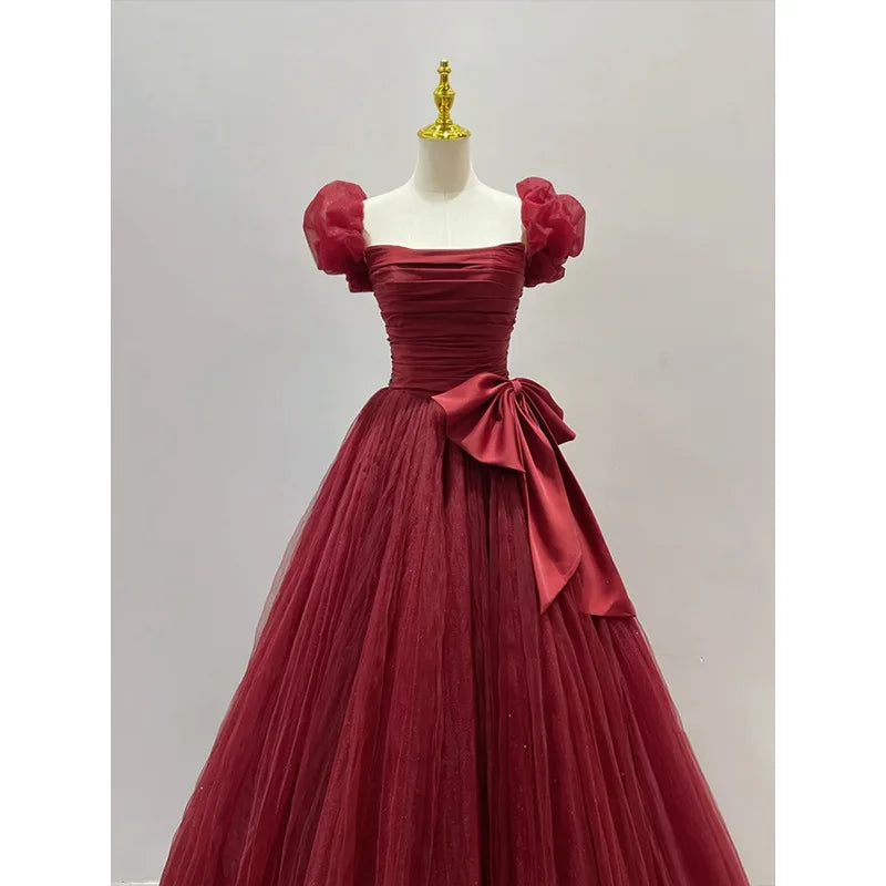 Wine Red High Neckline Ball Gown Tulle Party Dress, Shiny Tulle With Lace Prom Dress main image 1