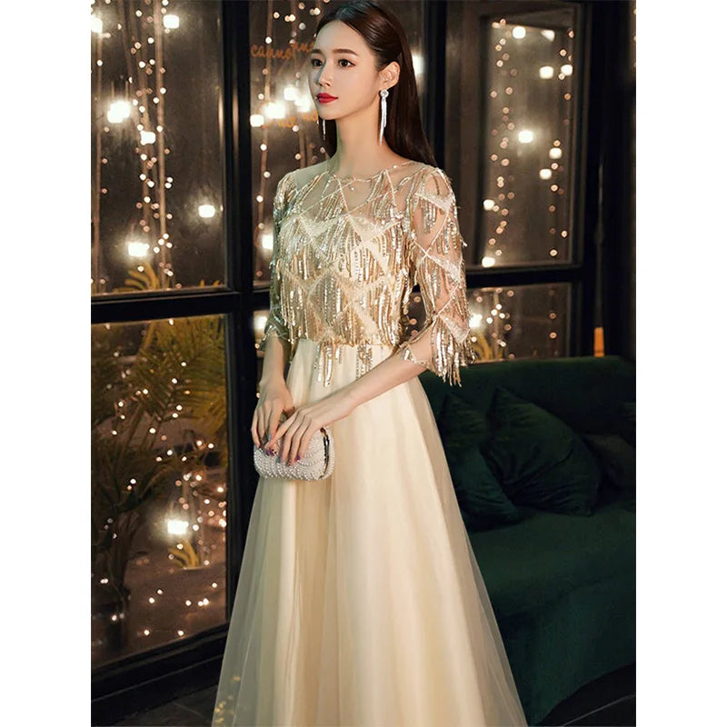 Elegant Sequin Evening Gown With Sheer Sleeves on Luulla