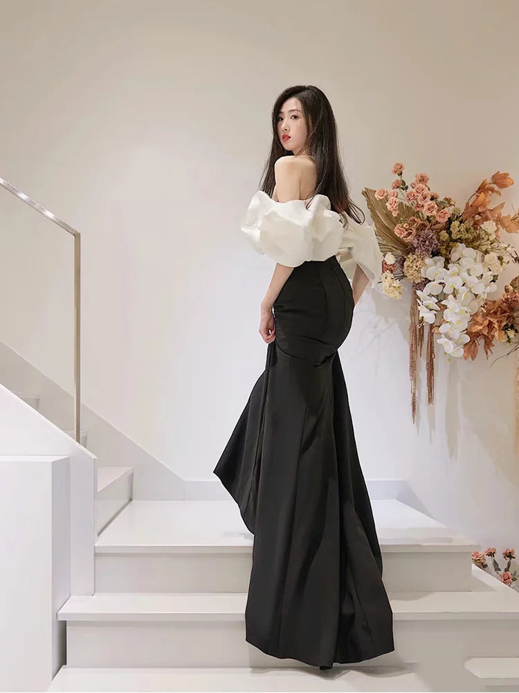 Off Shoulder Dress with Bows in Black & White