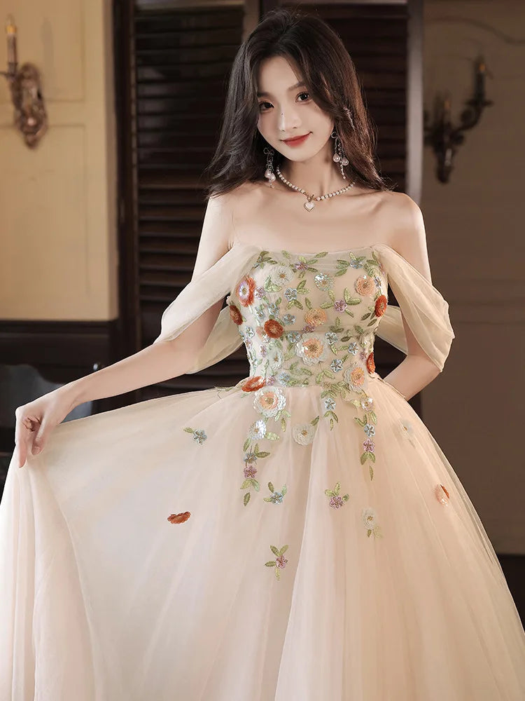 Elegant Floral Off-shoulder Evening Gown Dress on Luulla