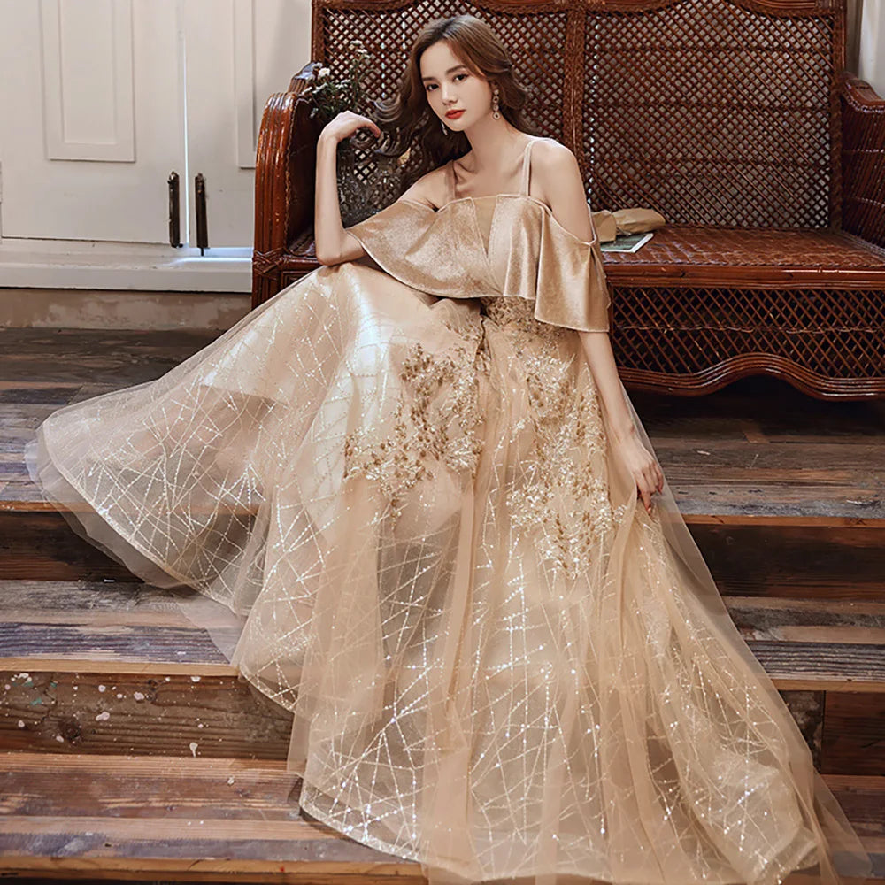 Gold High-grade Sequined Off-shoulder Evening l Fishtail Tube Top Dress