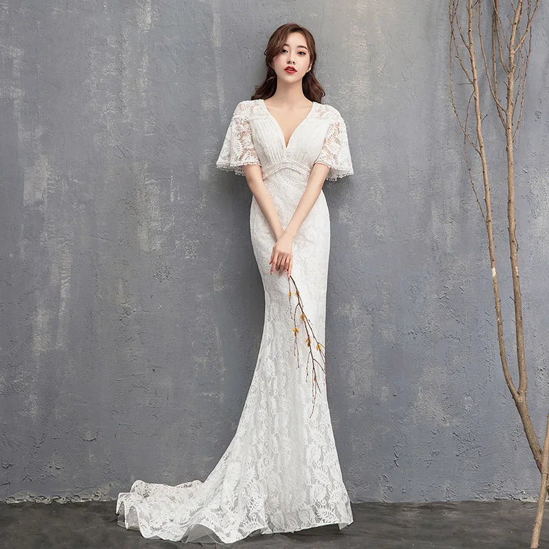 Elegant White Lace V-neck Bridal Gown on Luulla
