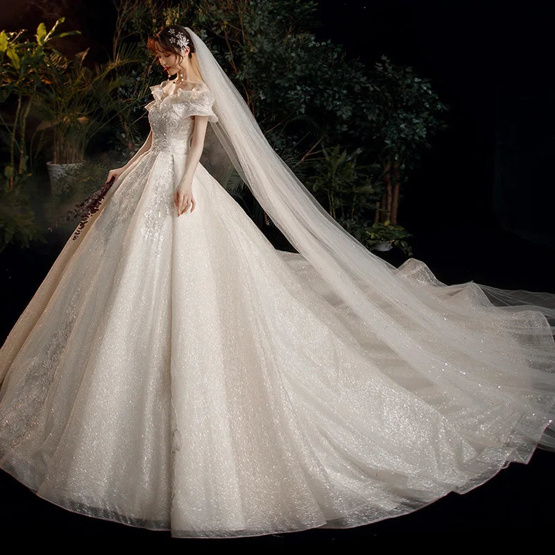 Chic Ball Gown Off The Shoulder Short Sleeves Lace Wedding Dresses
